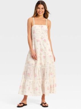 Universal Thread Cream Boho Dainty Floral Tiered Maxi Dress Cottagecore Size XXL